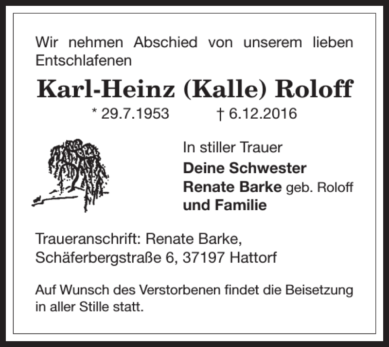 Traueranzeigen Von Karl Heinz Kalle Roloff Harztrauer De