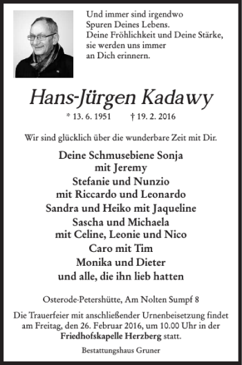 Traueranzeigen Von Hans J Rgen Kadawy Harztrauer De