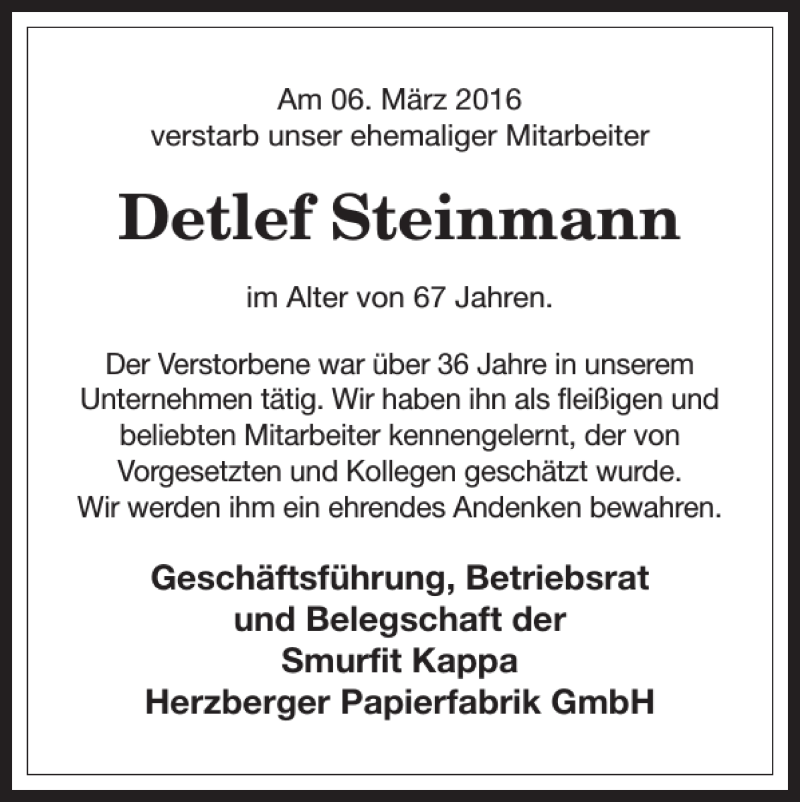 Traueranzeigen Von Detlef Steinmann Harztrauer De