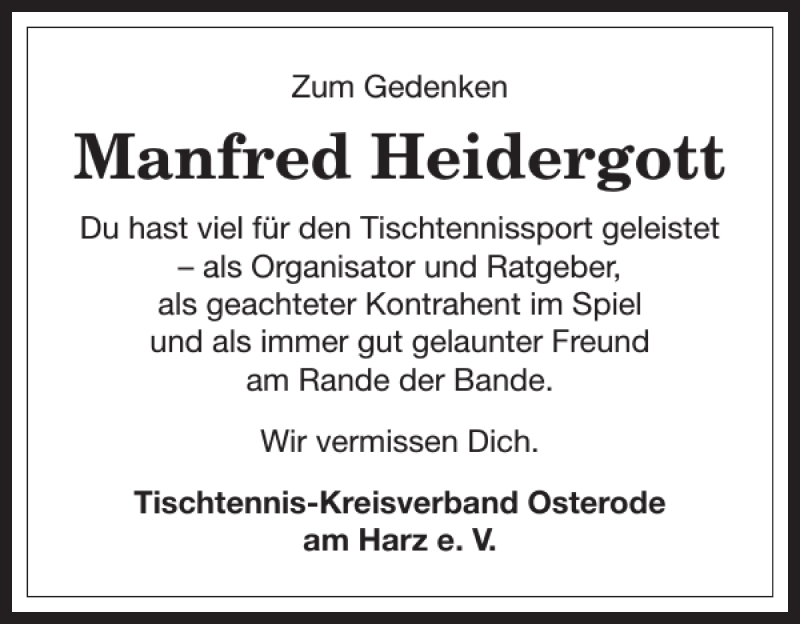 Traueranzeigen Von Manfred Heidergott Harztrauer De