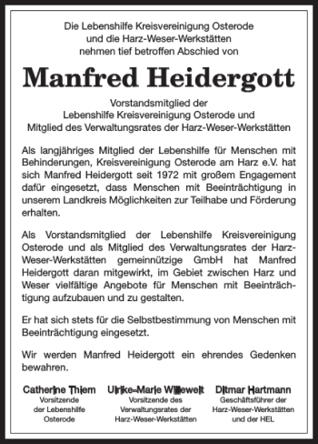 Traueranzeigen Von Manfred Heidergott Harztrauer De