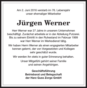 Traueranzeigen Von J Rgen Werner Harztrauer De