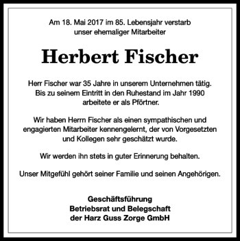 Traueranzeigen Von Herbert Fischer Harztrauer De