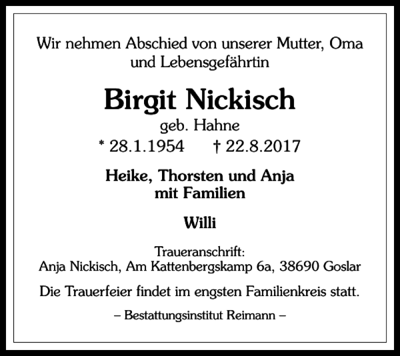 Traueranzeigen Von Birgit Nickisch Harztrauer De