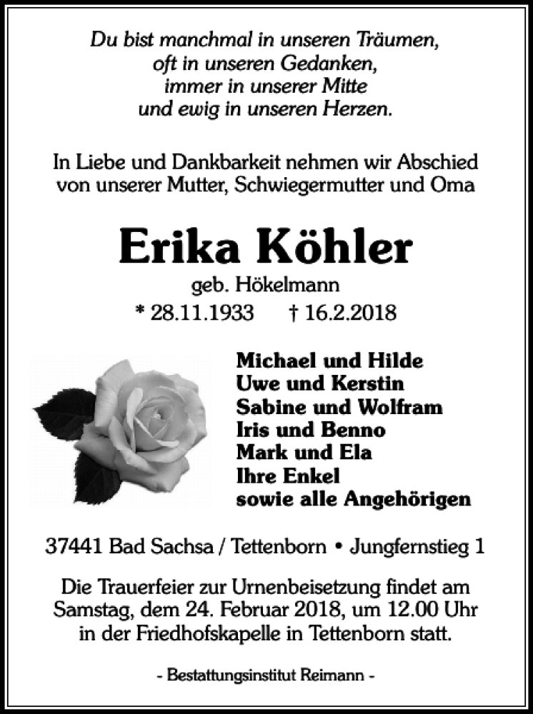 Traueranzeigen von Erika Köhler Harztrauer de