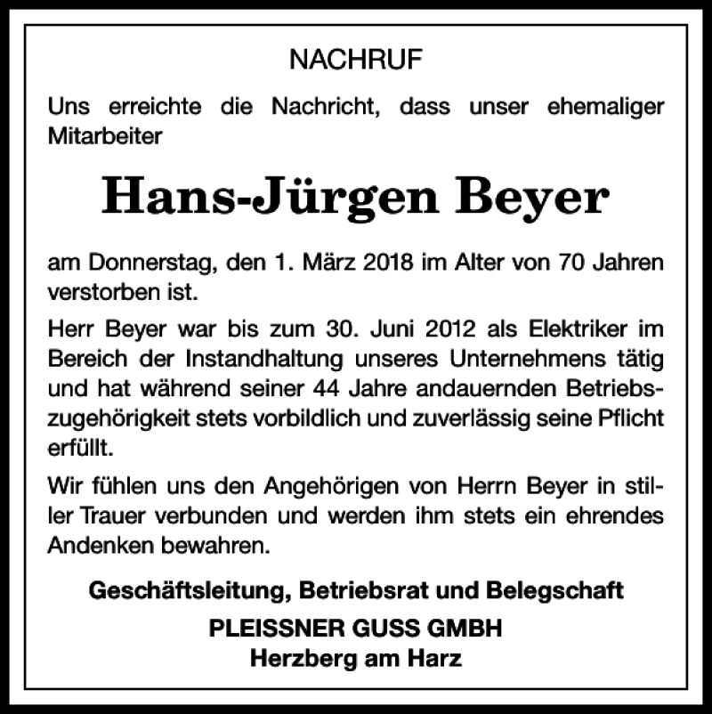 Traueranzeigen von Hans Jürgen Beyer Harztrauer de