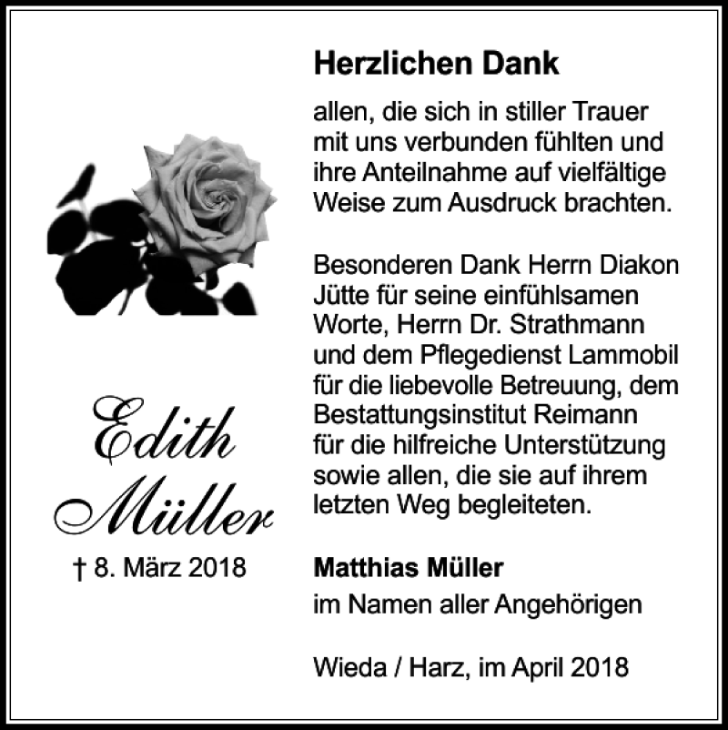 Traueranzeigen Von Edith M Ller Harztrauer De