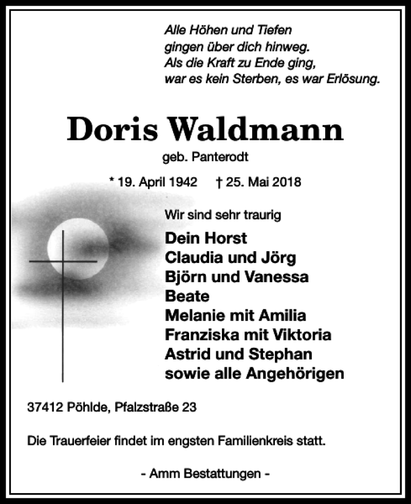 Traueranzeigen Von Doris Waldmann Harztrauer De