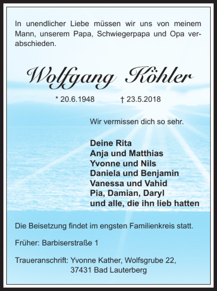 Traueranzeigen von Wolfgang Köhler Harztrauer de