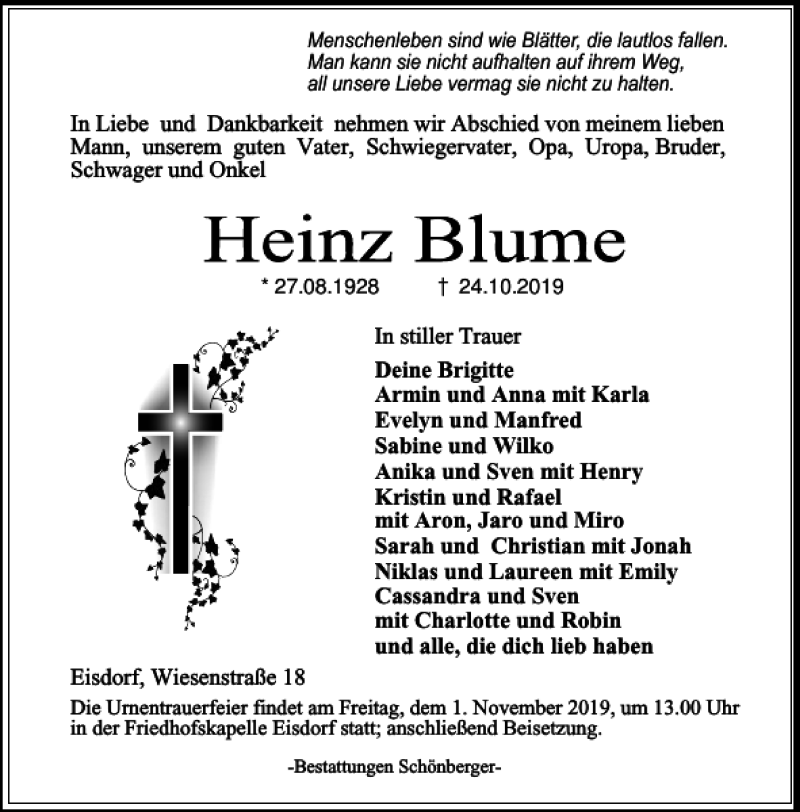 Traueranzeigen Von Heinz Blume Harztrauer De