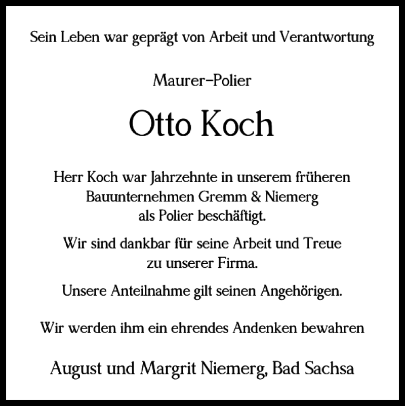 Traueranzeigen Von Otto Koch Harztrauer De