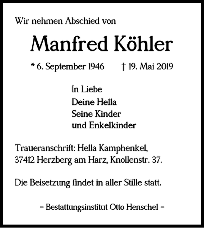 Traueranzeigen von Manfred Köhler Harztrauer de