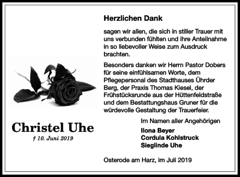 Traueranzeigen Von Christel Uhe Harztrauer De