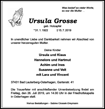 Traueranzeigen Von Ursula Grosse Harztrauer De