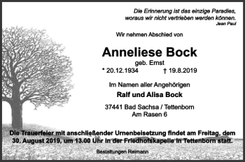 Traueranzeigen Von Anneliese Bock Harztrauer De