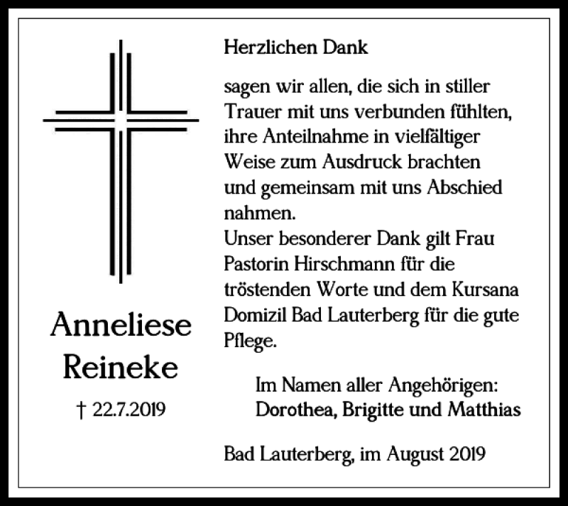 Traueranzeigen Von Anneliese Reineke Harztrauer De