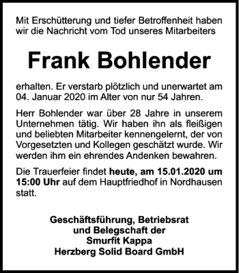 Traueranzeigen Von Frank Bohlender Harztrauer De