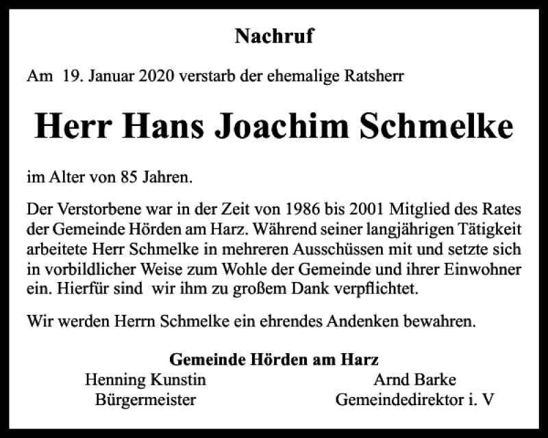 Traueranzeigen Von Hans Joachim Schmelke Harztrauer De