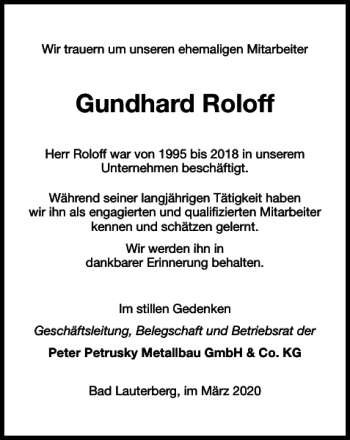 Traueranzeigen Von Gundhard Roloff Harztrauer De