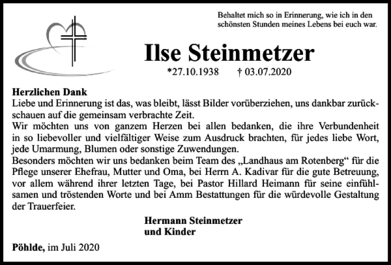 Traueranzeigen Von Ilse Steinmetzer Harztrauer De