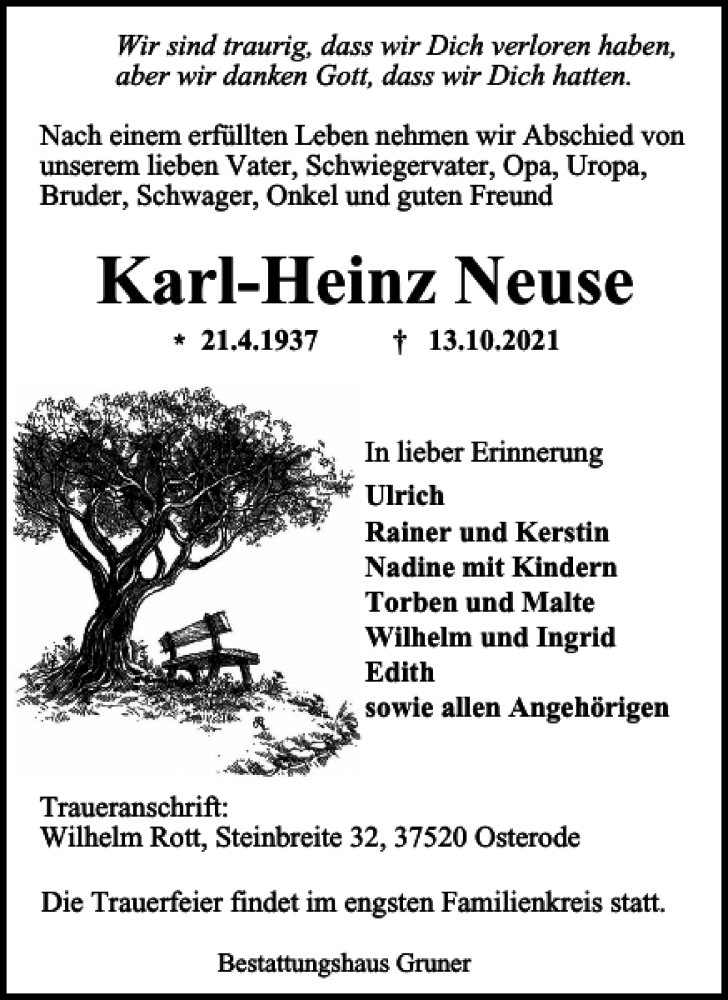 Traueranzeigen Von Karl Heinz Neuse Harztrauer De