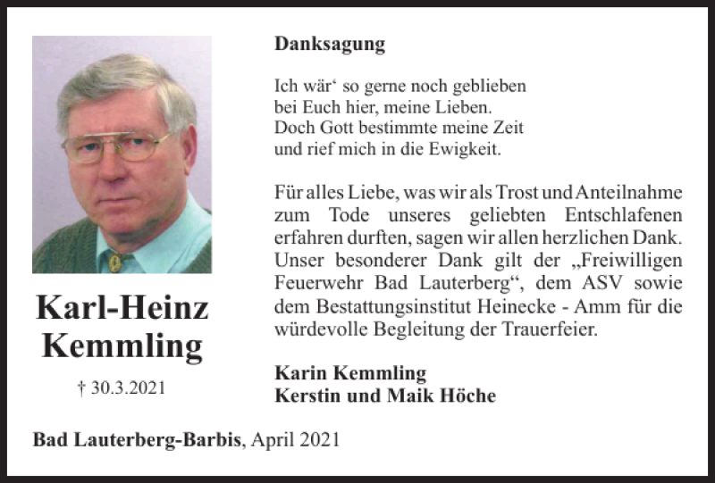 Traueranzeigen Von Karl Heinz Kemmling Harztrauer De