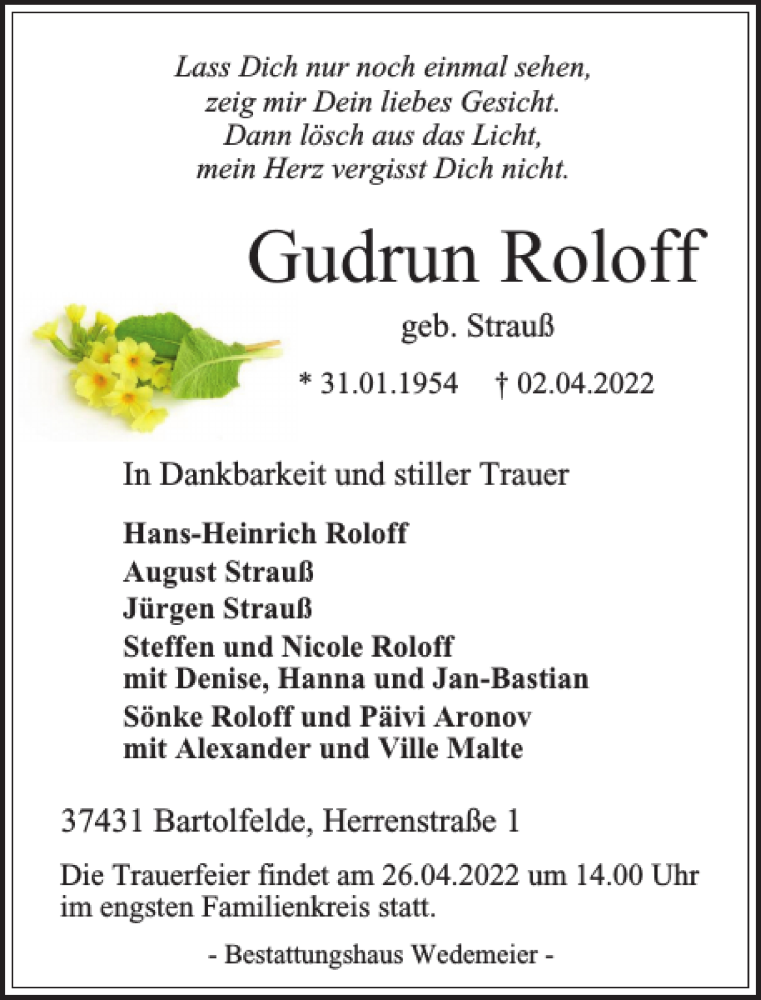 Traueranzeigen Von Gudrun Roloff Harztrauer De