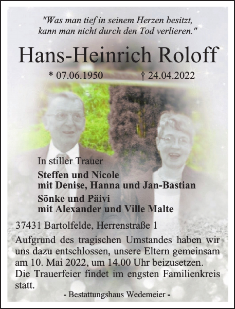 Traueranzeigen Von Hans Heinrich Roloff Harztrauer De