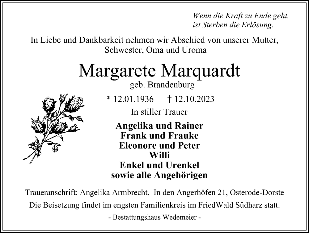 Traueranzeigen Von Margarete Marquardt Harztrauer De