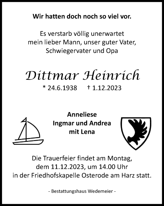 Traueranzeigen Von Dittmar Heinrich Harztrauer De