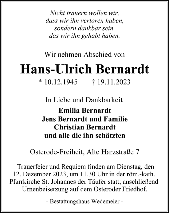 Traueranzeigen Von Hans Ulrich Bernardt Harztrauer De