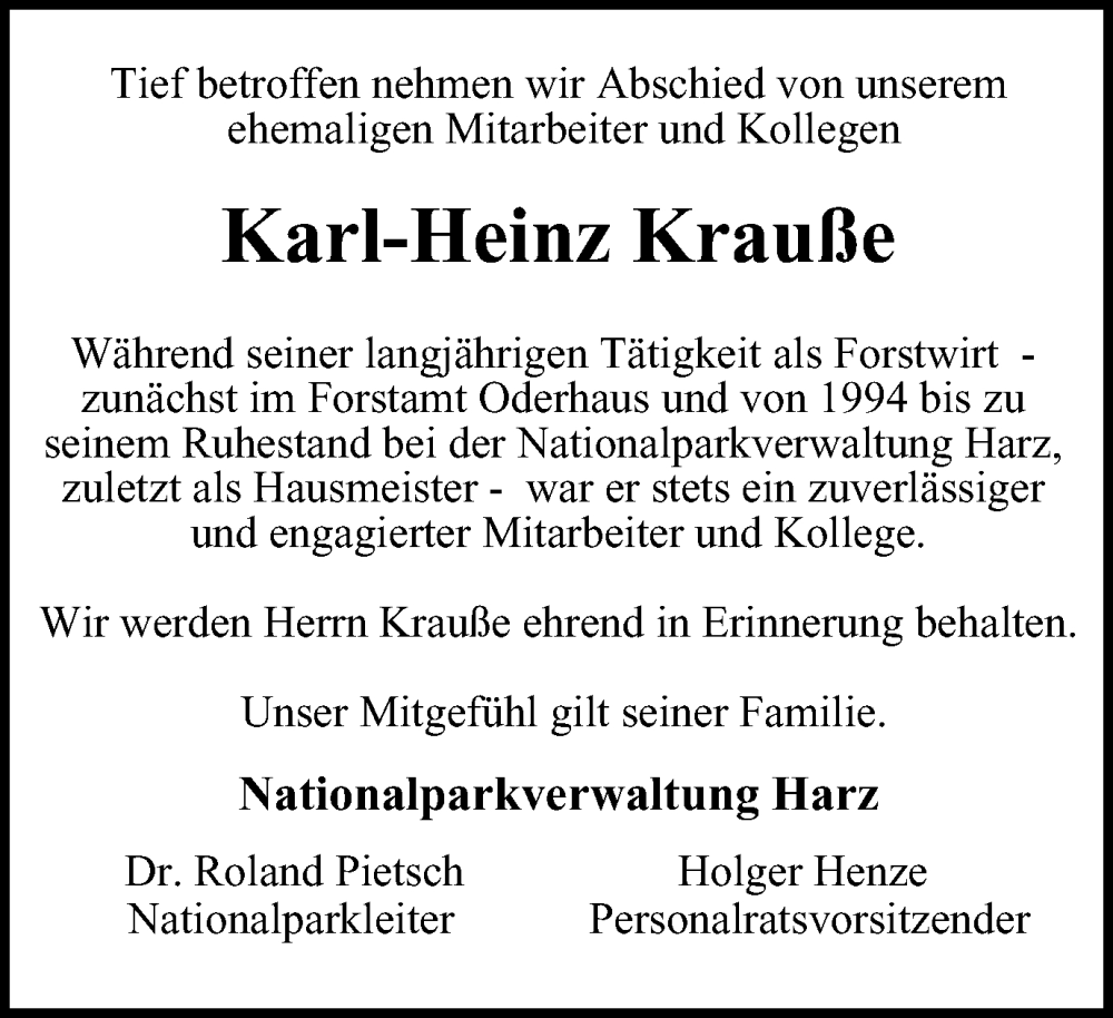 Traueranzeigen Von Karl Heinz Krau E Harztrauer De