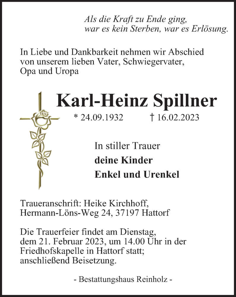 Traueranzeigen Von Karl Heinz Spillner Harztrauer De