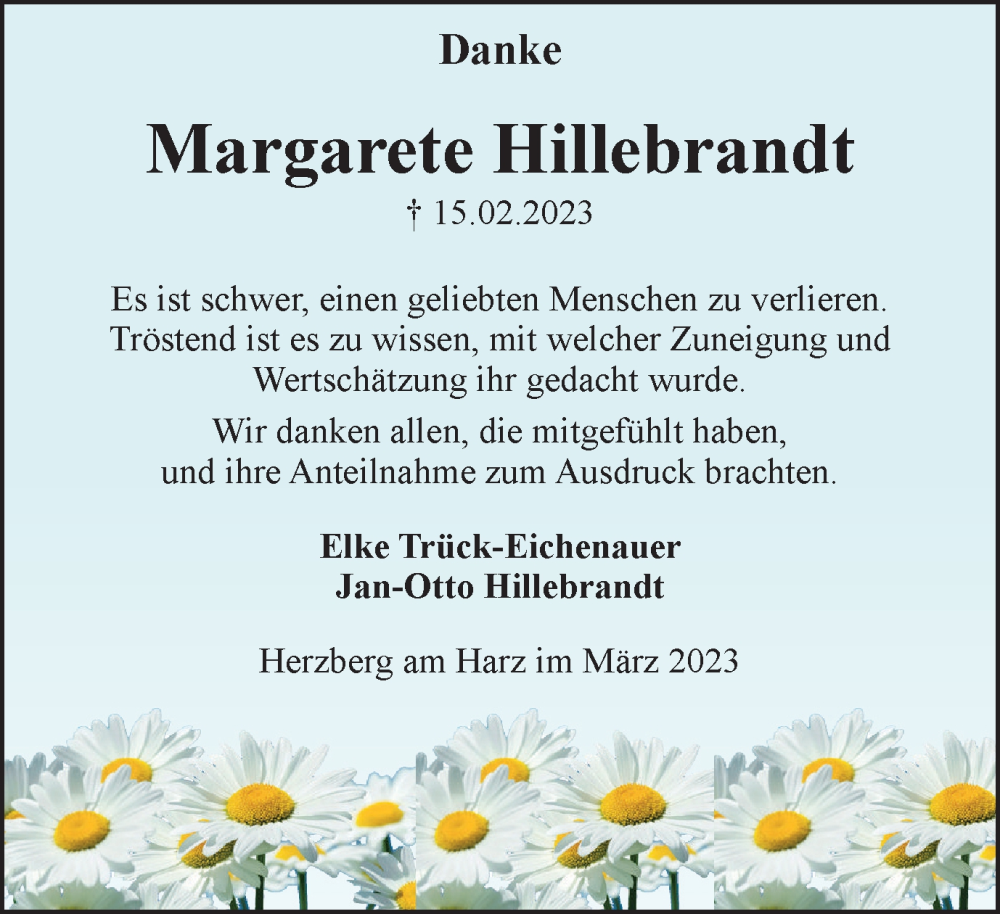 Traueranzeigen Von Margarete Hillebrandt Harztrauer De