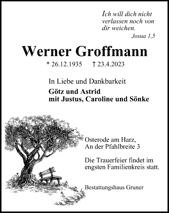 Traueranzeigen Von Werner Groffmann Harztrauer De