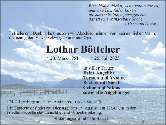 Traueranzeigen Von Lothar B Ttcher Harztrauer De