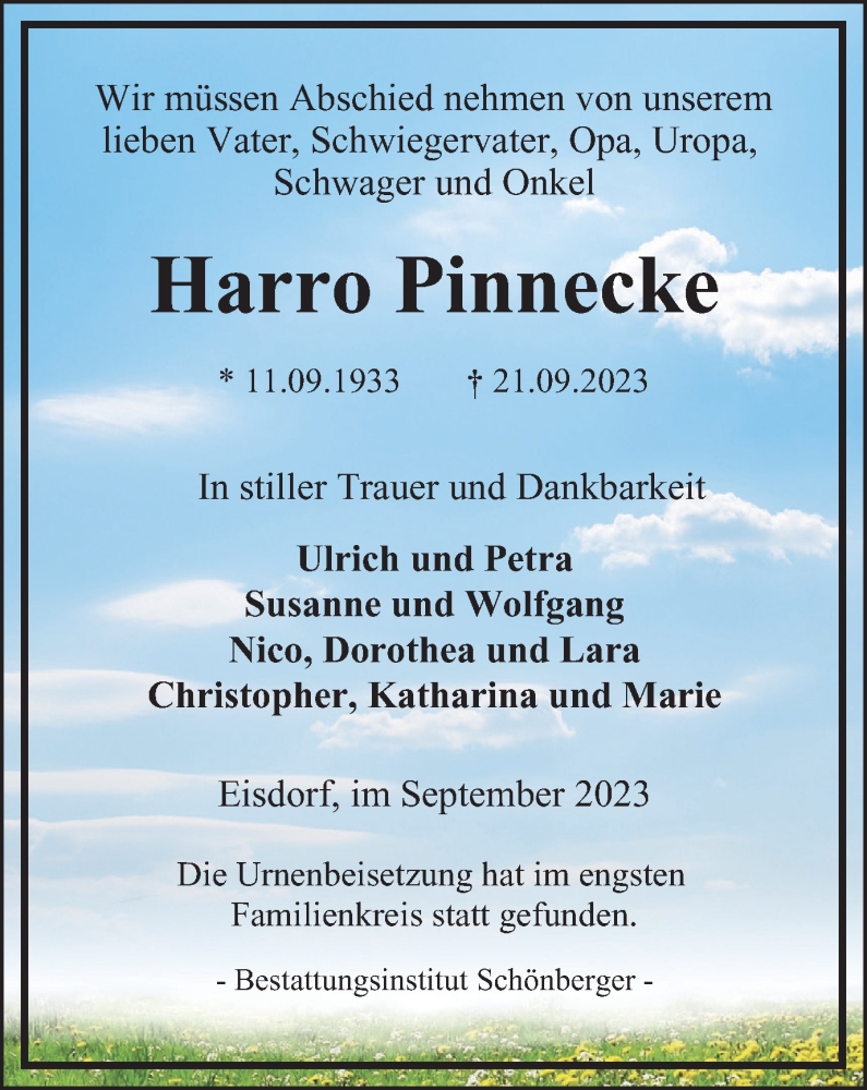 Traueranzeigen Von Harro Pinnecke Harztrauer De