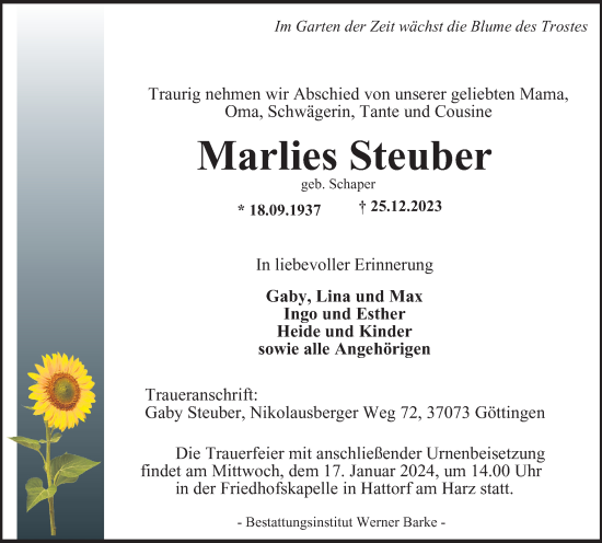 Traueranzeigen Von Marlies Steuber Harztrauer De