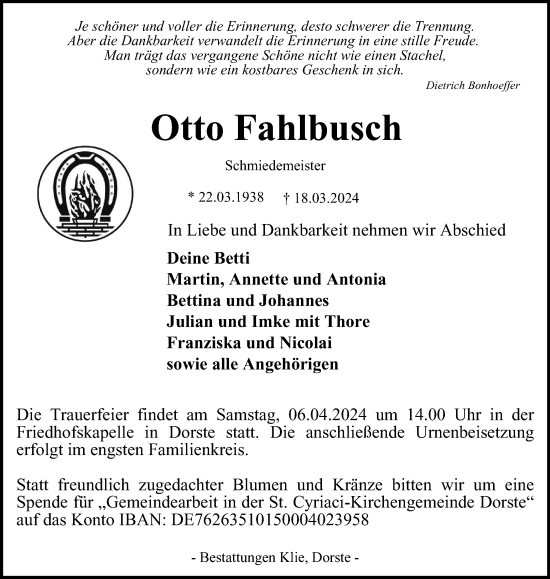 Traueranzeigen Von Otto Fahlbusch Harztrauer De