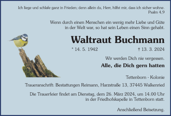 Traueranzeige von Waltraut Buchmann von Harz Kurier