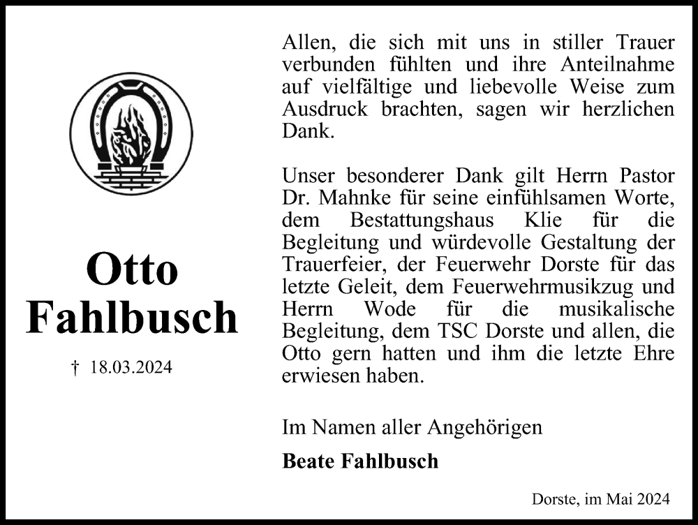 Traueranzeigen Von Otto Fahlbusch Harztrauer De