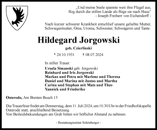 Traueranzeigen Von Hildegard Jorgowski Harztrauer De