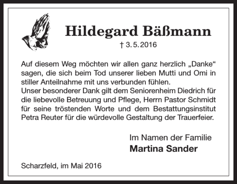 Traueranzeigen Von Hildegard Bäßmann | Harztrauer.de