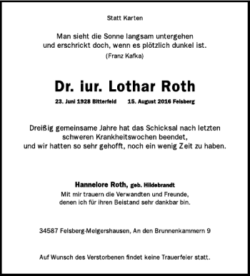 Traueranzeigen von Dr. jur. Lothar Roth | Harztrauer.de