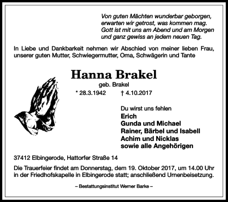 Traueranzeigen Von Hanna Brakel Harztrauer De