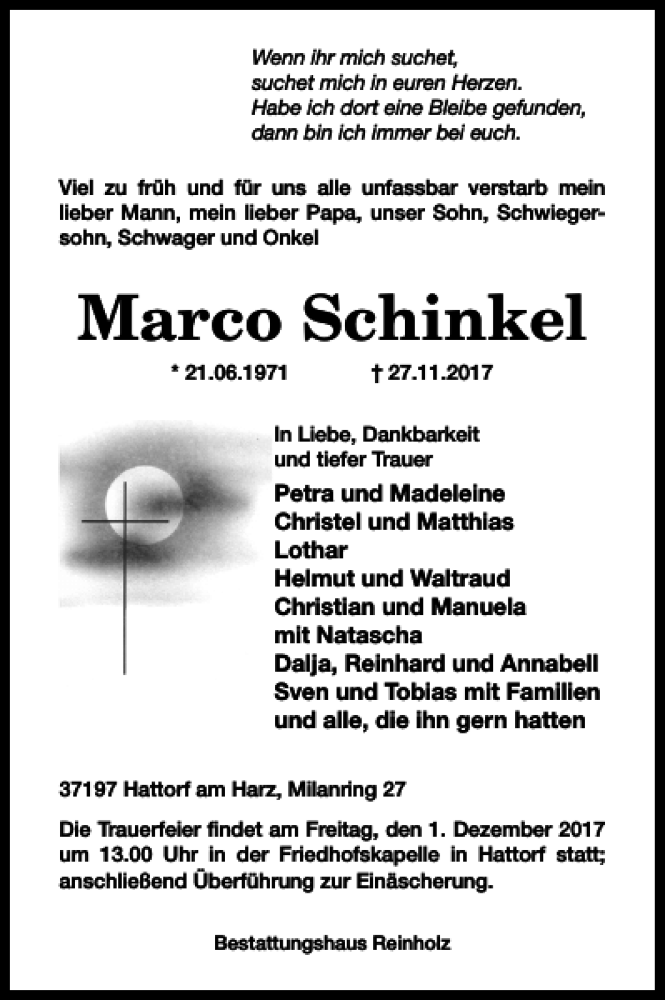  Traueranzeige für Marco Schinkel vom 29.11.2017 aus Harz Kurier