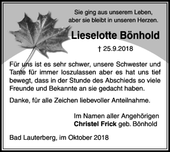 Traueranzeigen Von Lieselotte Bönhold | Harztrauer.de