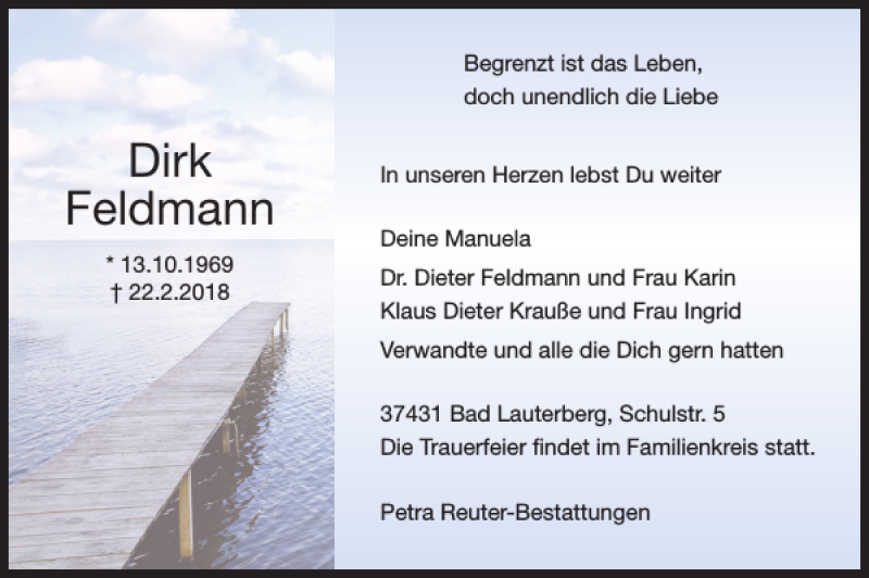 Traueranzeigen Von Dirk Feldmann Harztrauer De