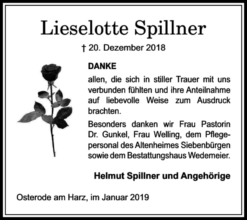 Traueranzeigen Von Lieselotte Spillner | Harztrauer.de