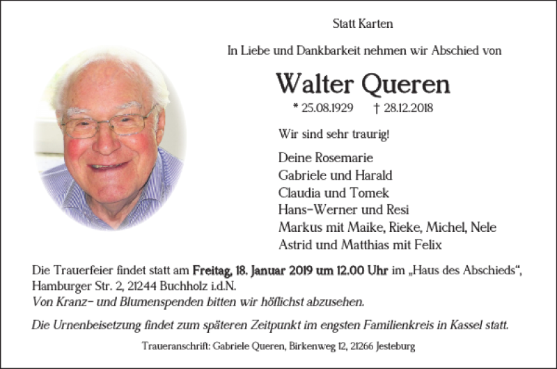  Traueranzeige für Walter Queren vom 12.01.2019 aus Harz Kurier